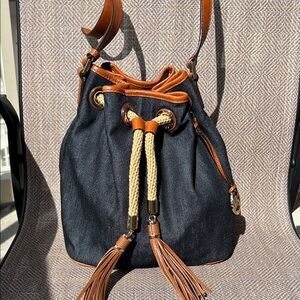 MICHAEL MICHAEL KORS Espadrille denim blue and brown leather trim bucket handbag